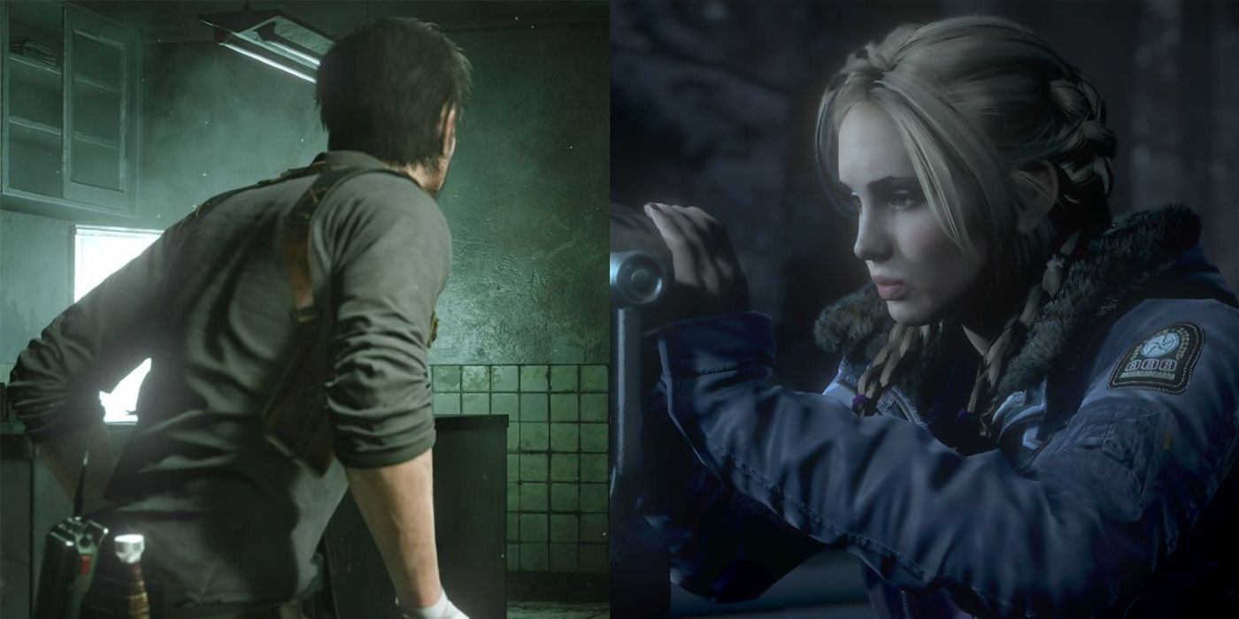 Sebastian stands in a hallway in The Evil Within 2 and Sam looks through a telescope in Until Dawn