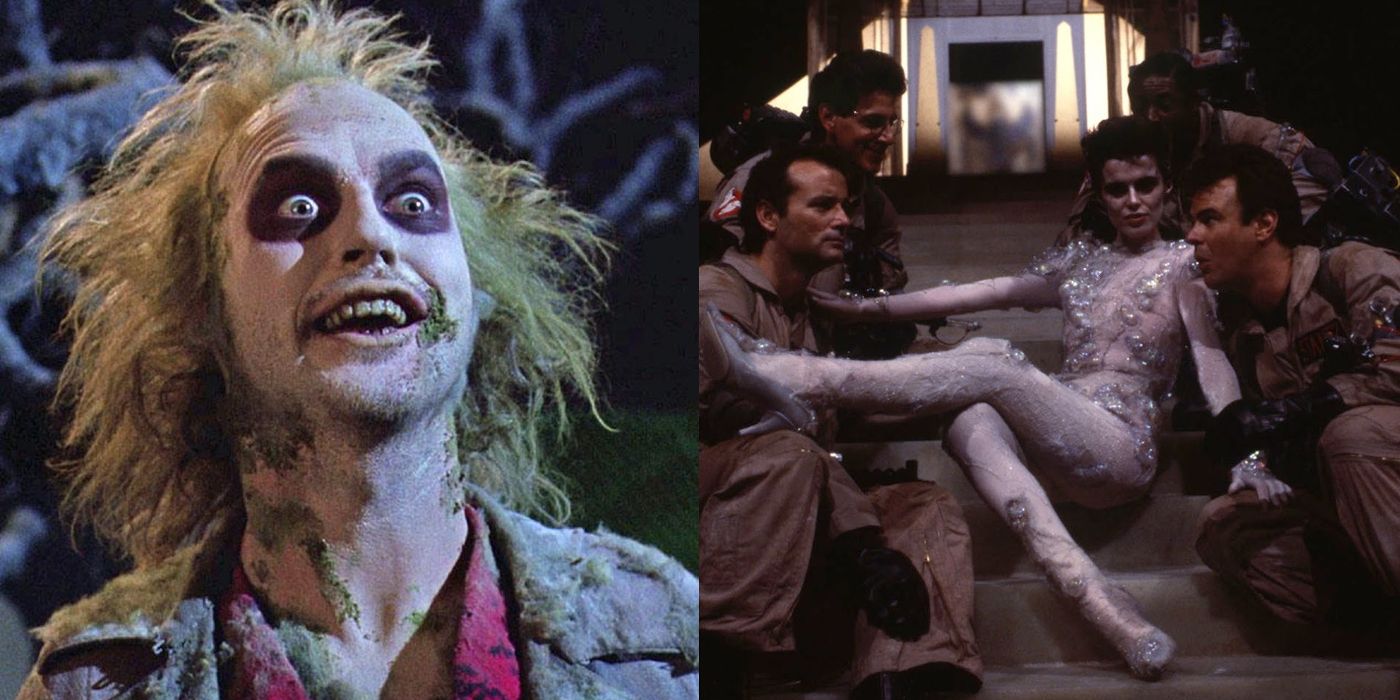 Beetlejuice opens his eyes wide in Beetlejuice and the Ghostbusters pose with Gozer in Ghostbusters