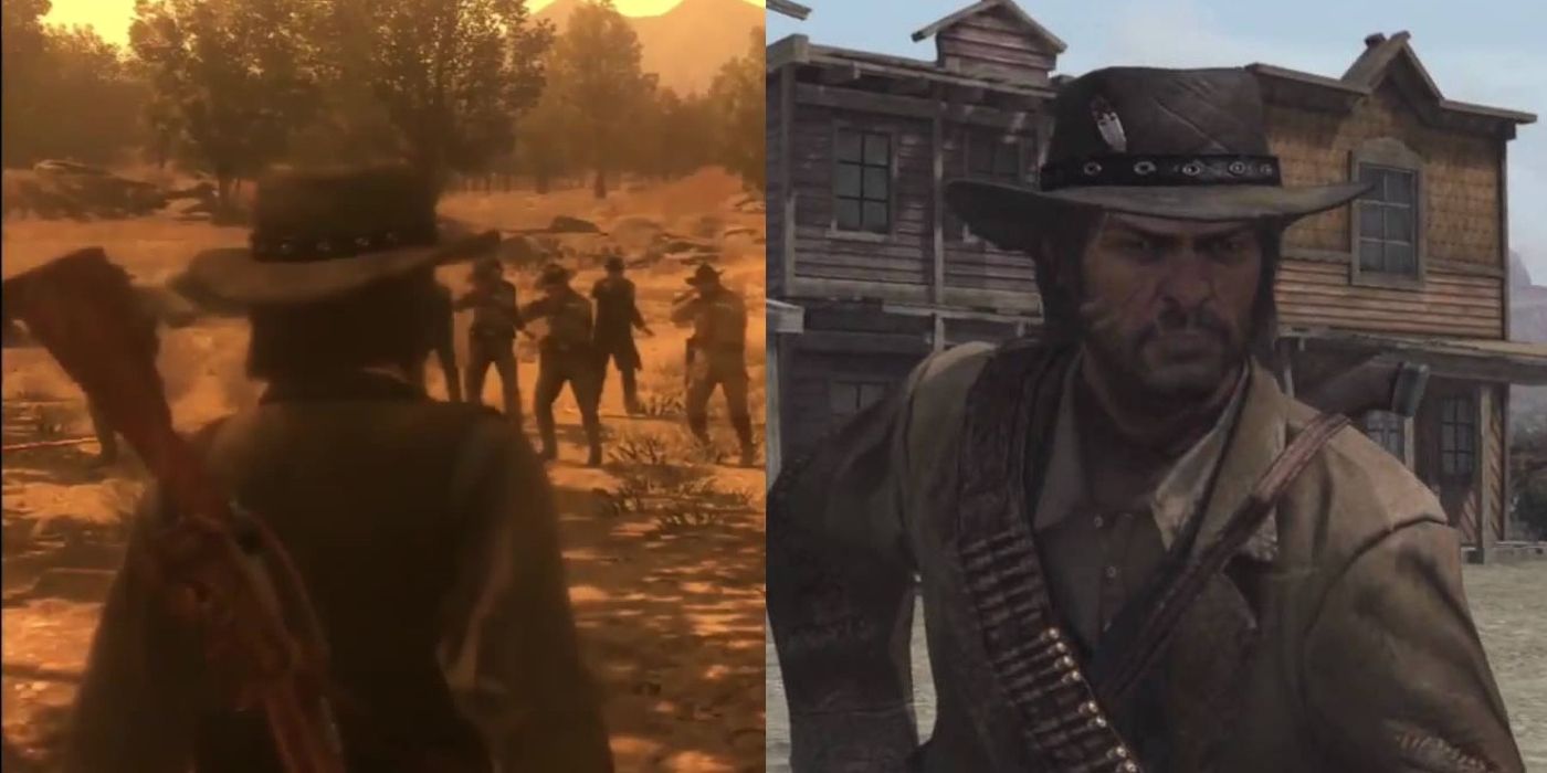 John faces a throng of enemies and stands in a village in Red Dead Redemption