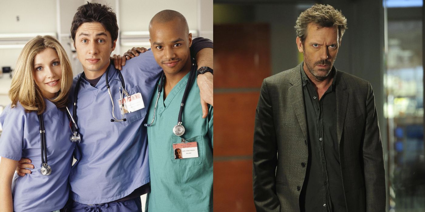 Split image of the crew from Scrubs and Gregory House