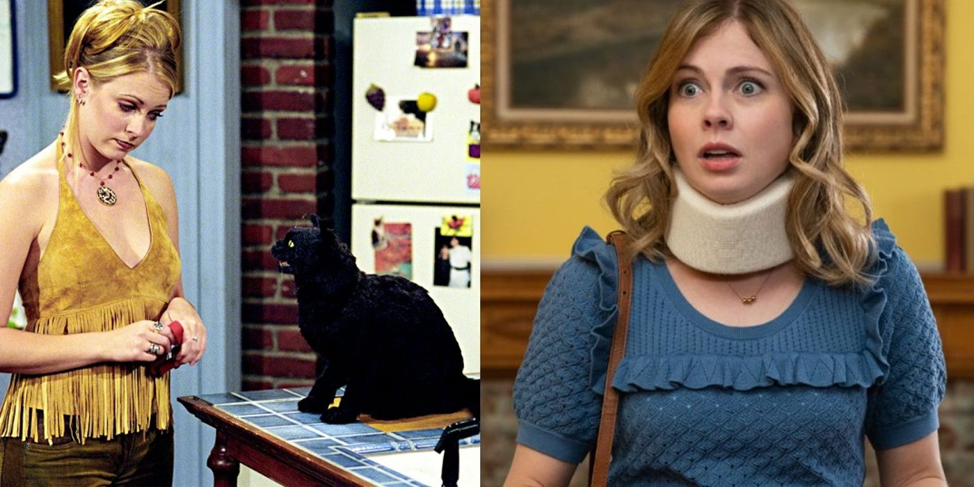 Sabrina stares at Salem in Sabrina the Teenage Witch and Sam wears a neck brace indoors on Ghosts
