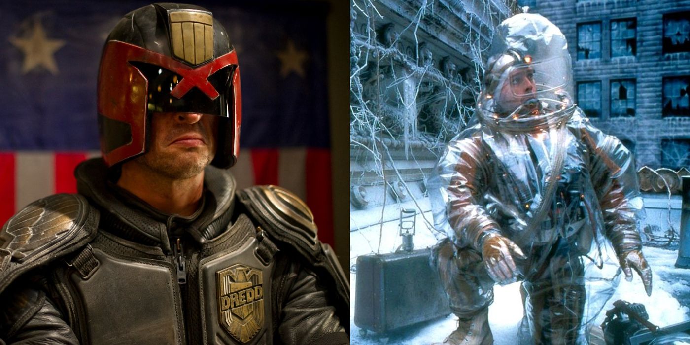 Judge Dredd stands by an American flag in Dredd and James wears a space suit in 12 Monkeys
