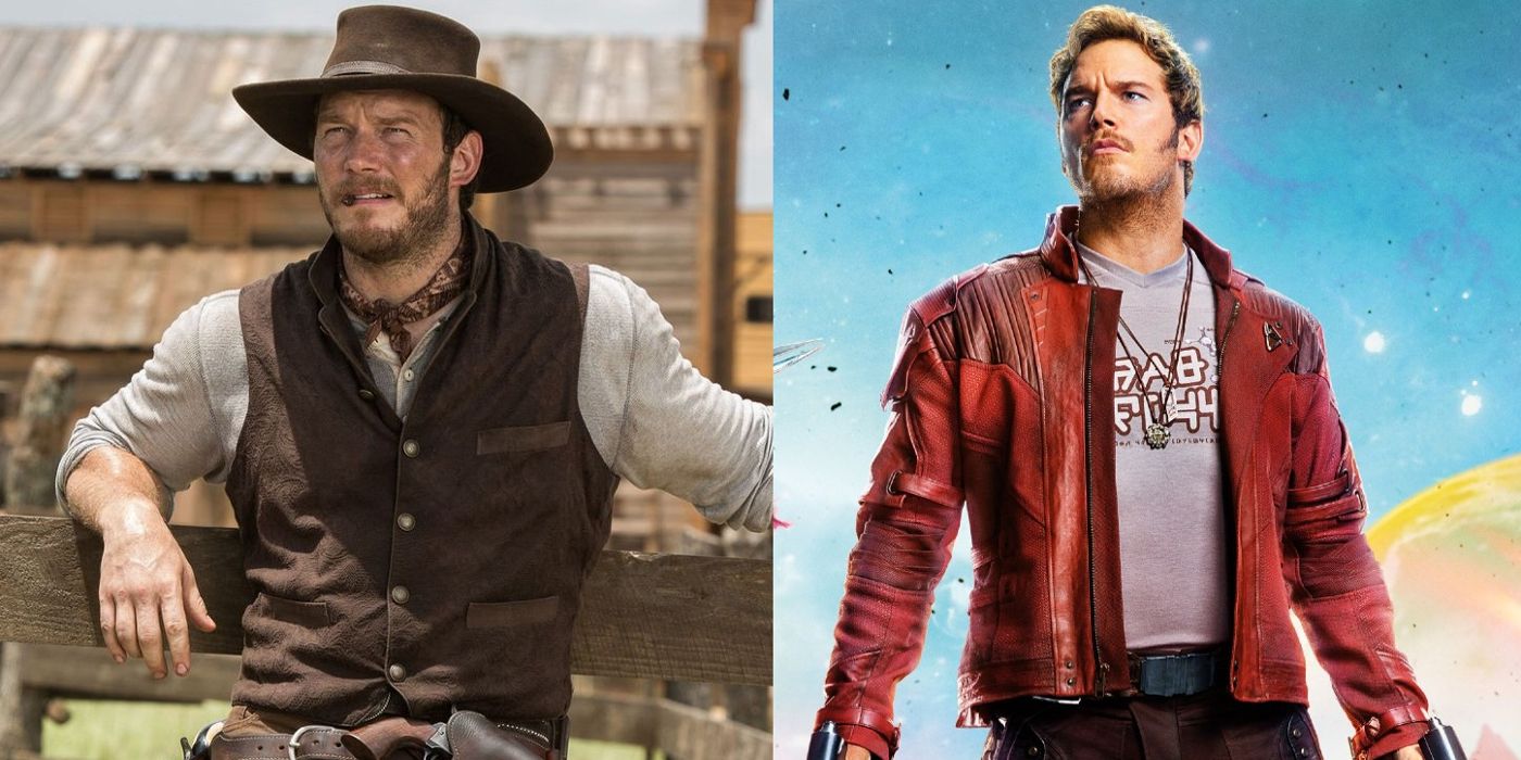 Josh leans on a fence post in The Magnificent Seven and Star-Lord poses outdoors in a red jacket in Guardians of the Galaxy
