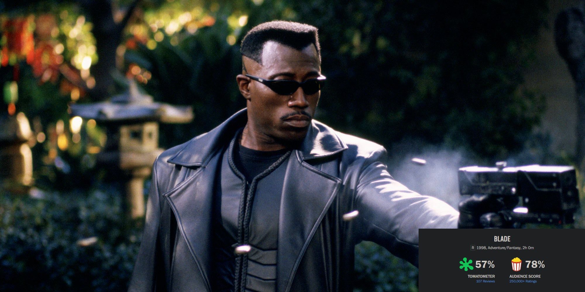 image from the 1998 film Blade featuring Wesley Snipes as vampire hunter Blade with a gun in hand