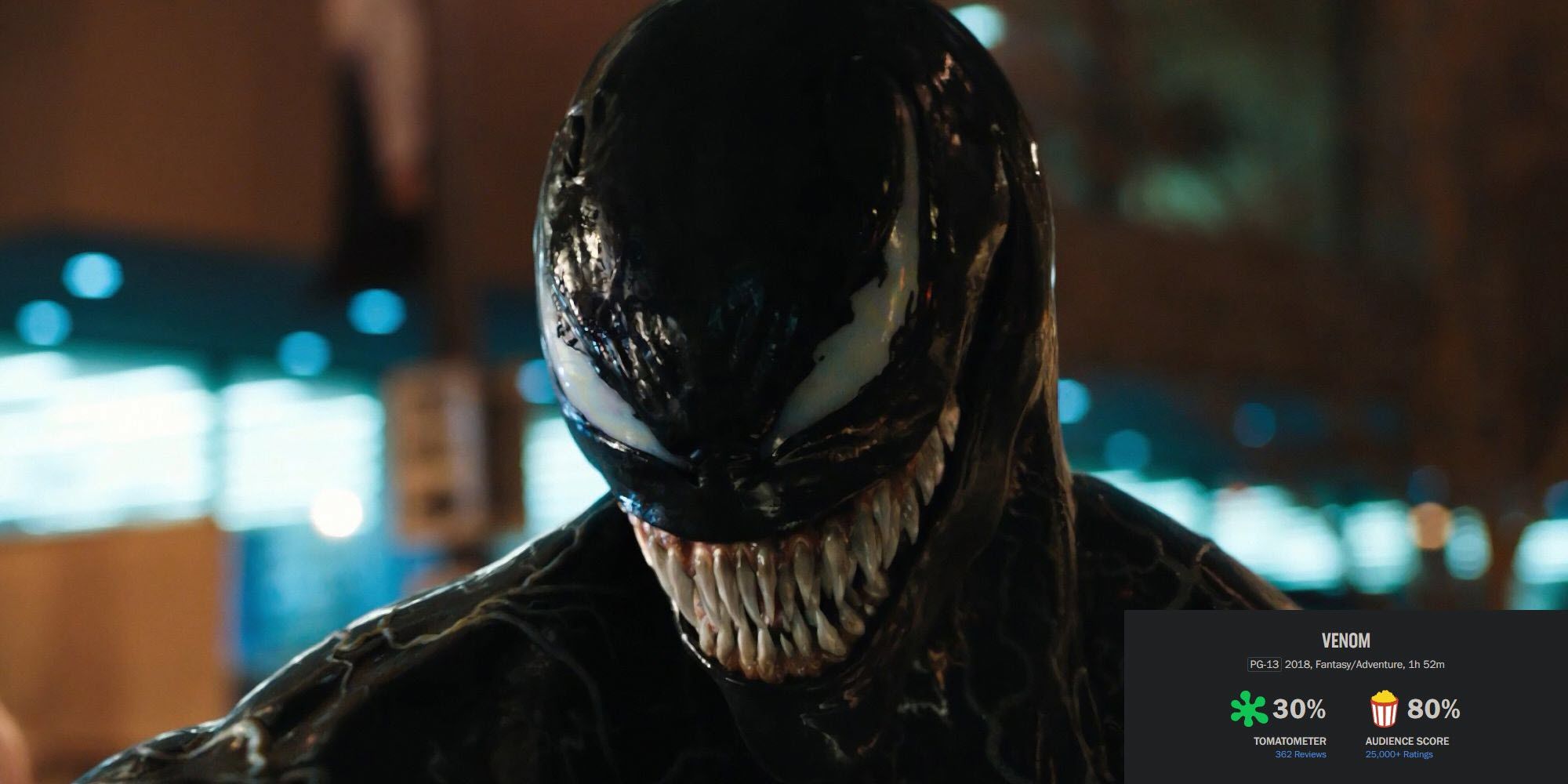 image from the 2018 film Venom featuring the symbiote Venom smiling menacingly with his teeth bare