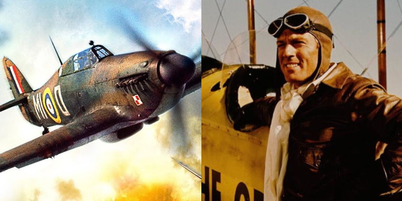 A RAF plane soars in the sky in The Battle of Britain and Waldo stands by his plane in The Great Waldo Pepper