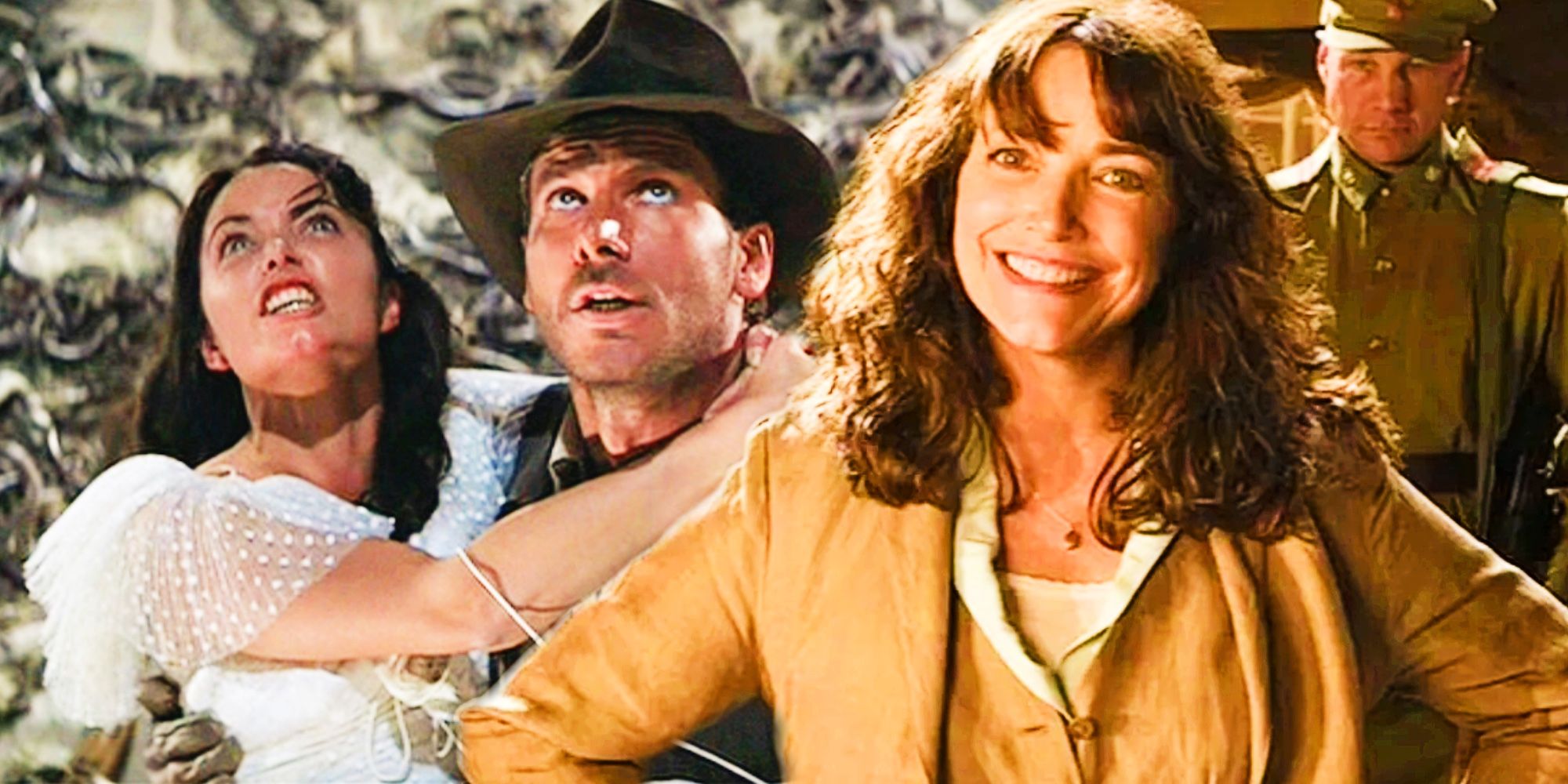 Blended image of Indiana holding Marion in Raiders of the Lost Ark and Marion smiling in Indiana Jones and the Kingdom of the Crystal Skull