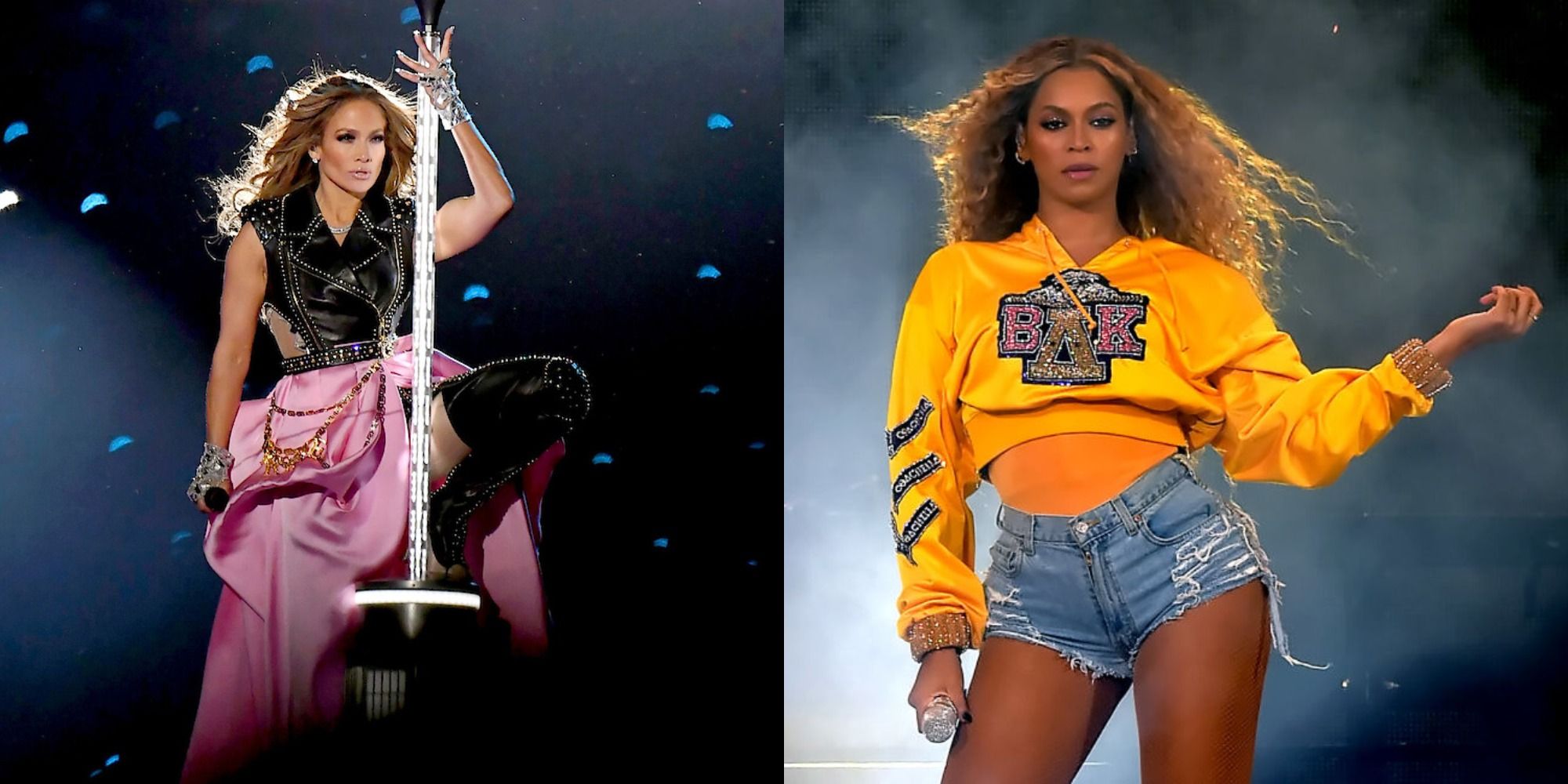 Split image of Jennifer Lopez in Halftime and Beyoncé in Homecoming