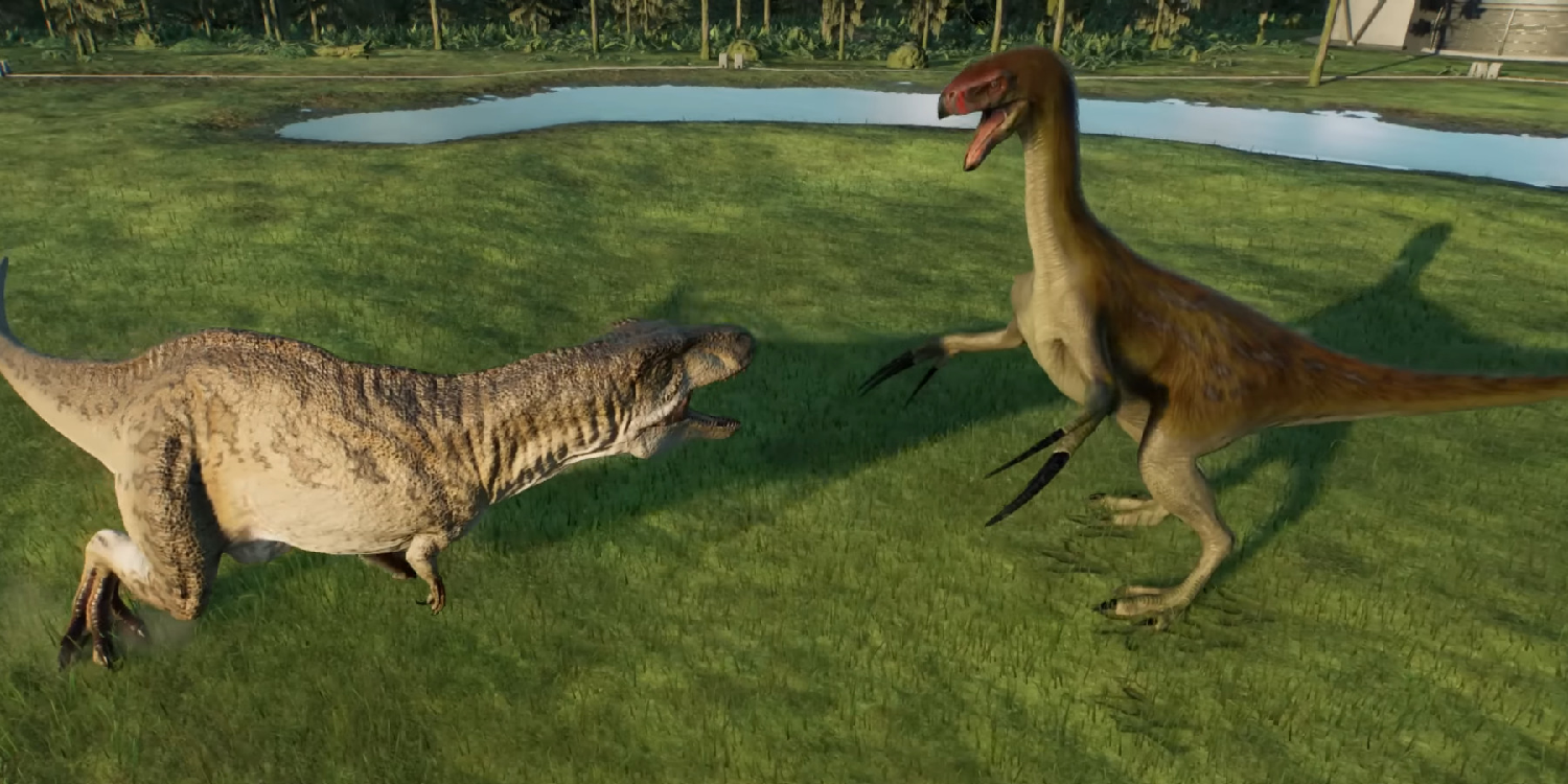 Dinosaurs battling in Jurassic World Evolution 2