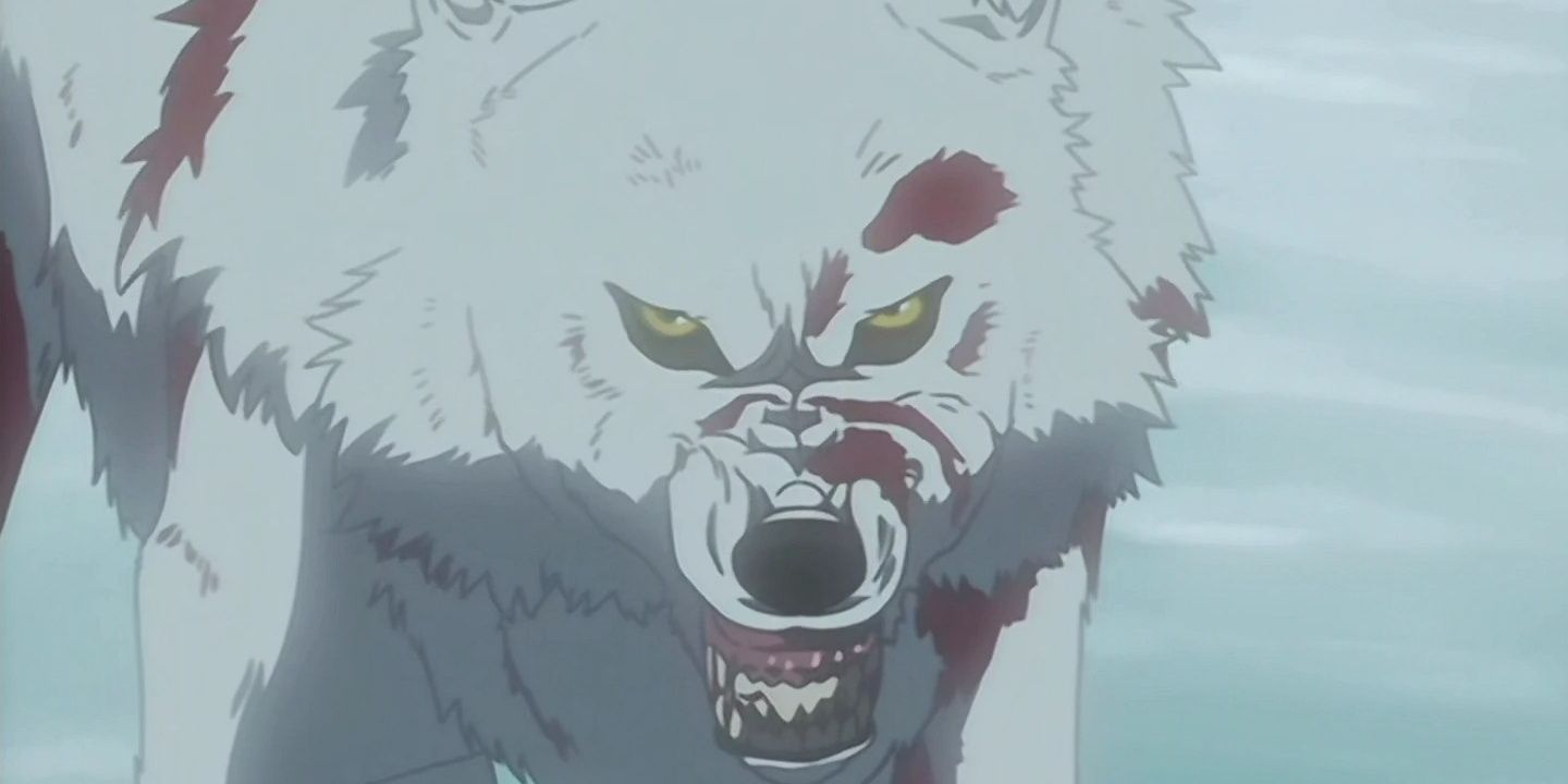 A wounded Kiba snarling at the camera in Wolf's Rain.
