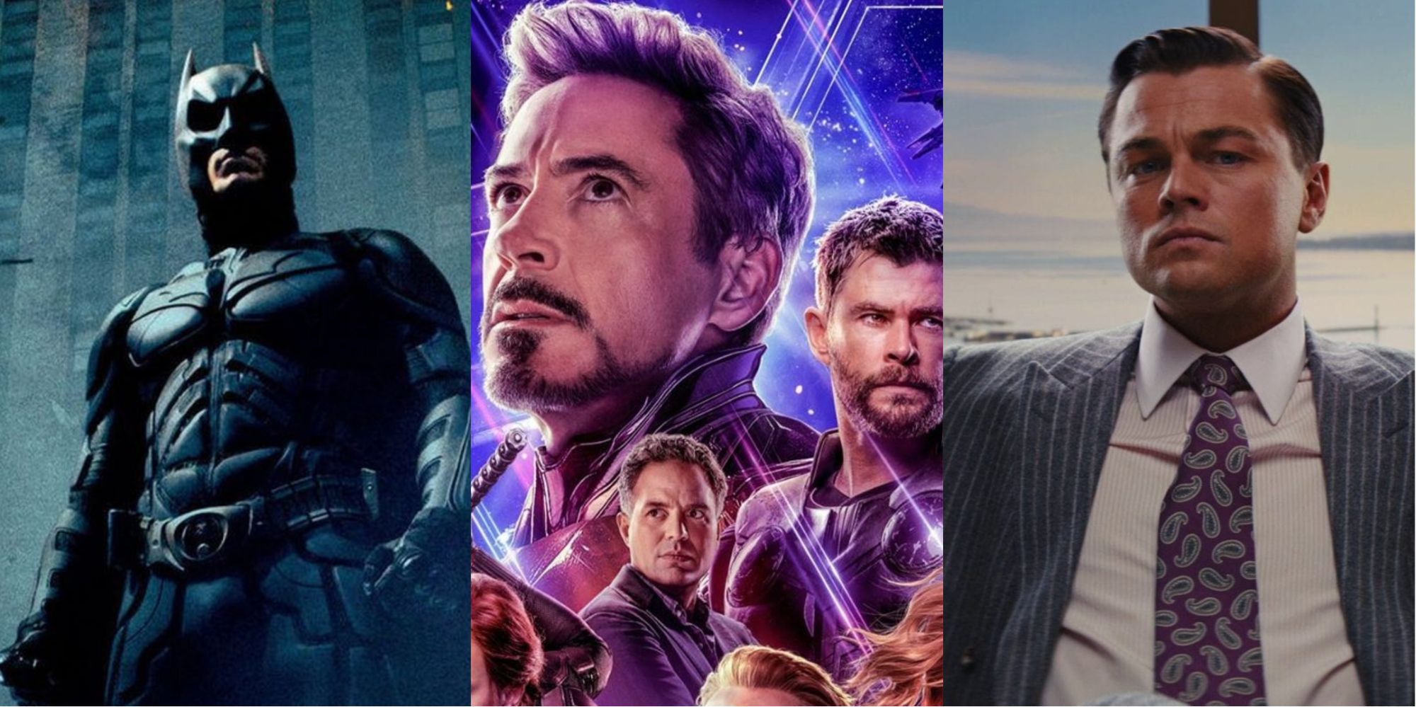 Stills from The Dark Knight, Avengers: Endgame, and Wolf of Wall Street