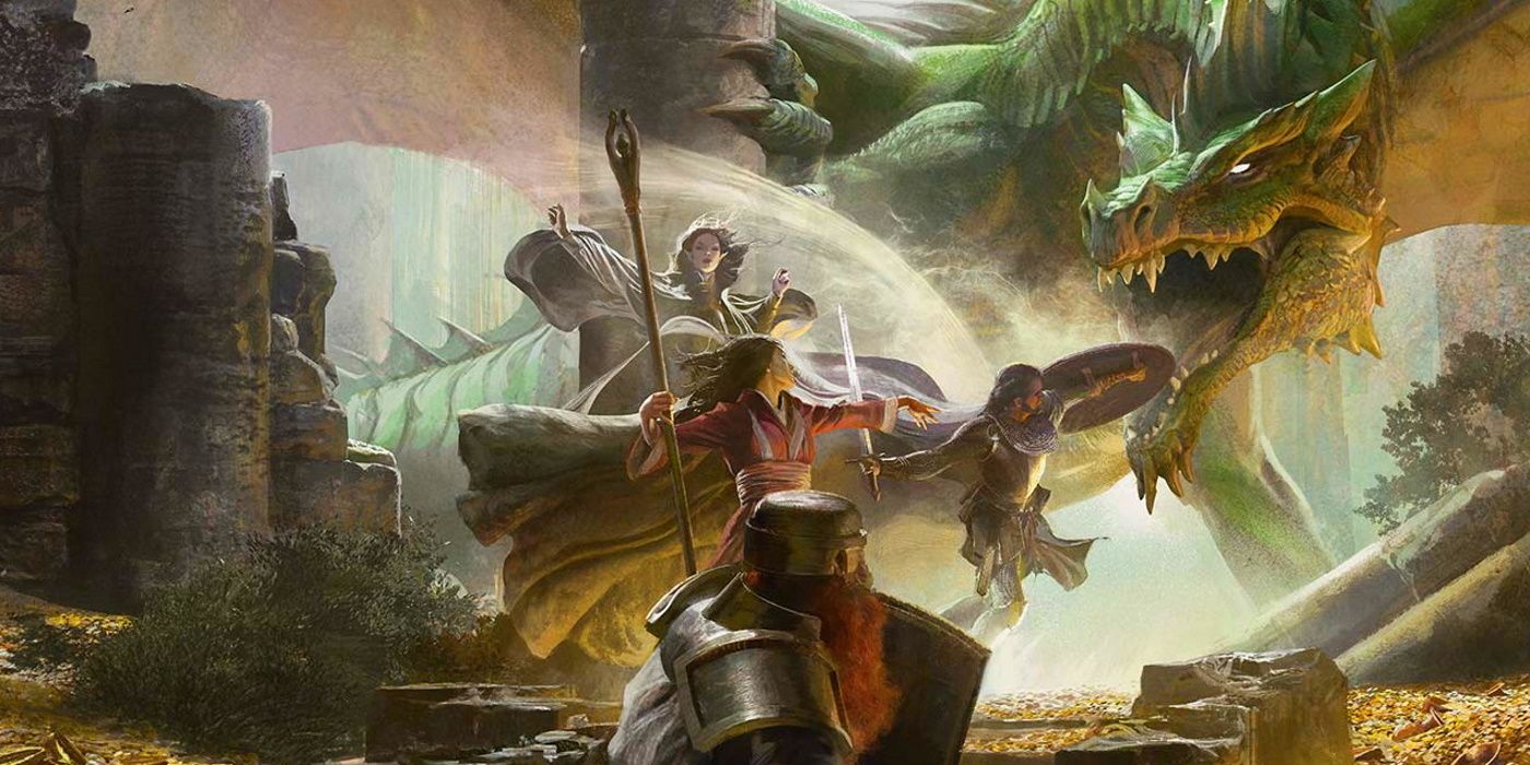 Adventurers confront a green dragon from DnD