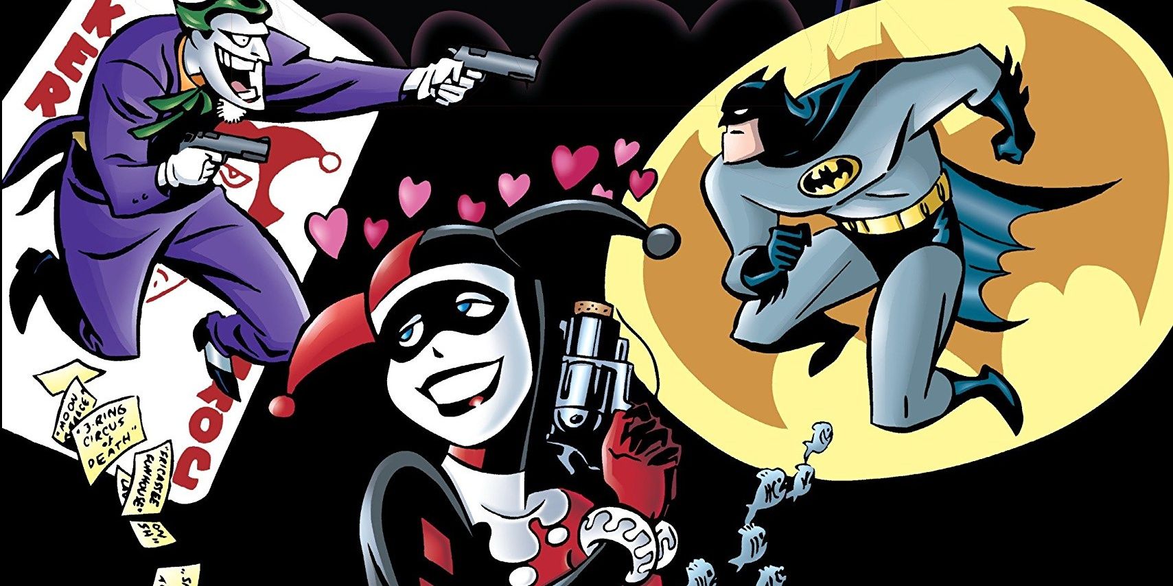 Harley Quinn with hearts around her head - Joker on the left side and Batman on the right, ready to fight each other.