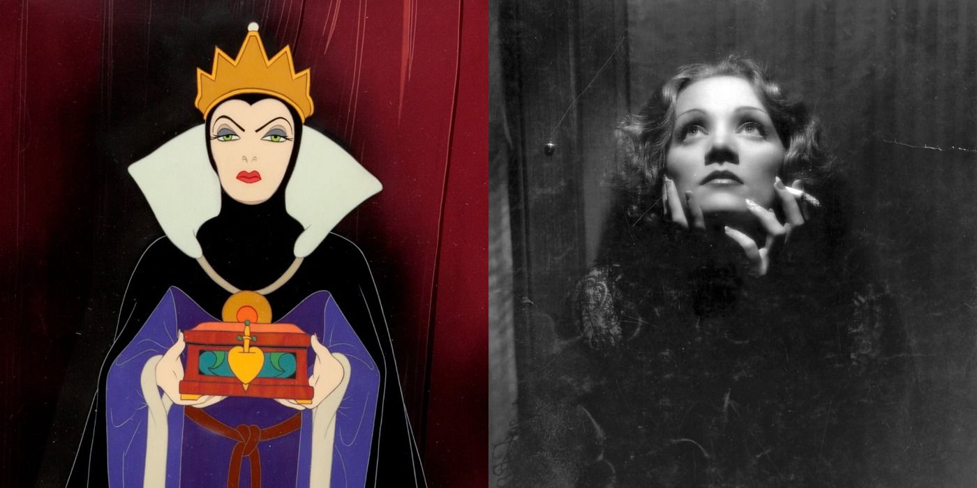 Side by side images of the Evil Queen from Snow White and Marlene Dietrich.