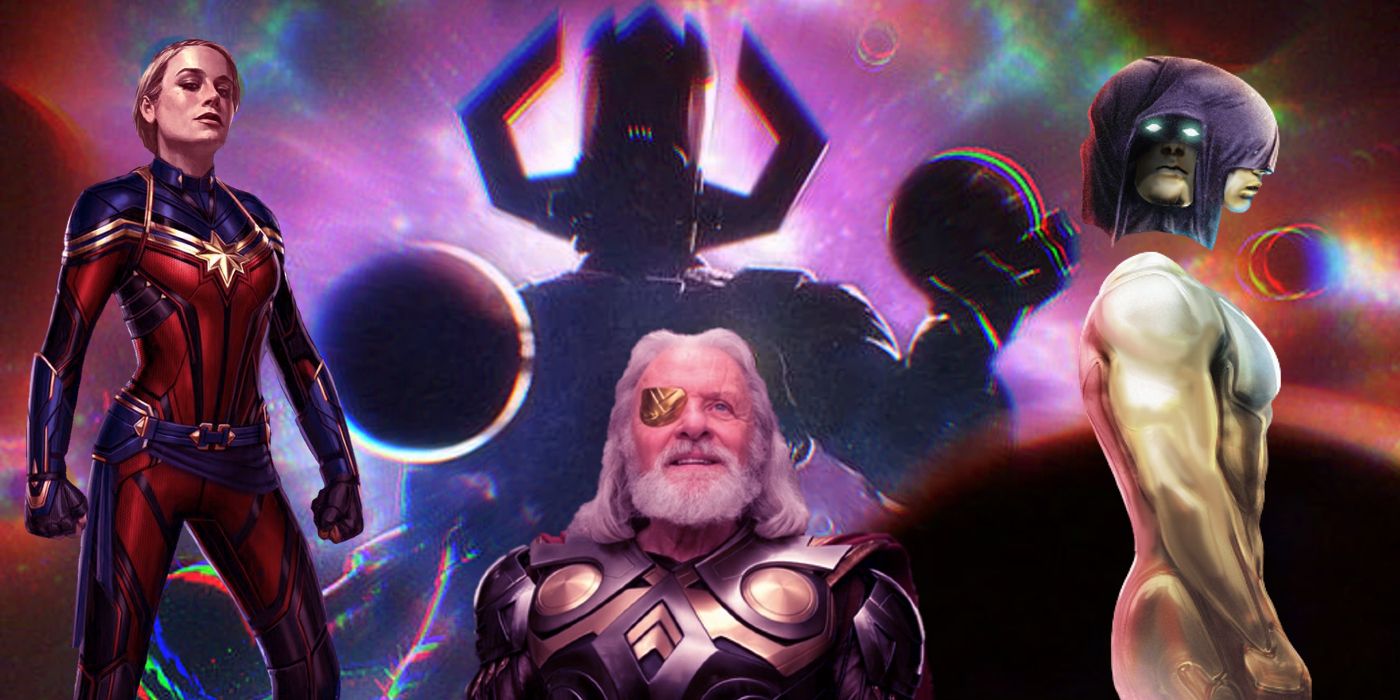 Captain Marvel, Odin and The Living Tribunal against a backdrop of Galactus