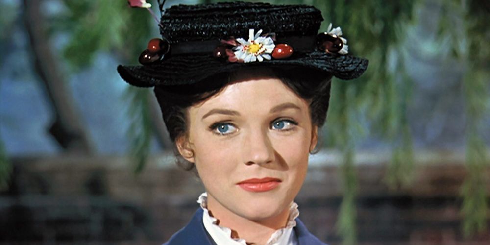 Mary wears a black pork pie hat in Mary Poppins