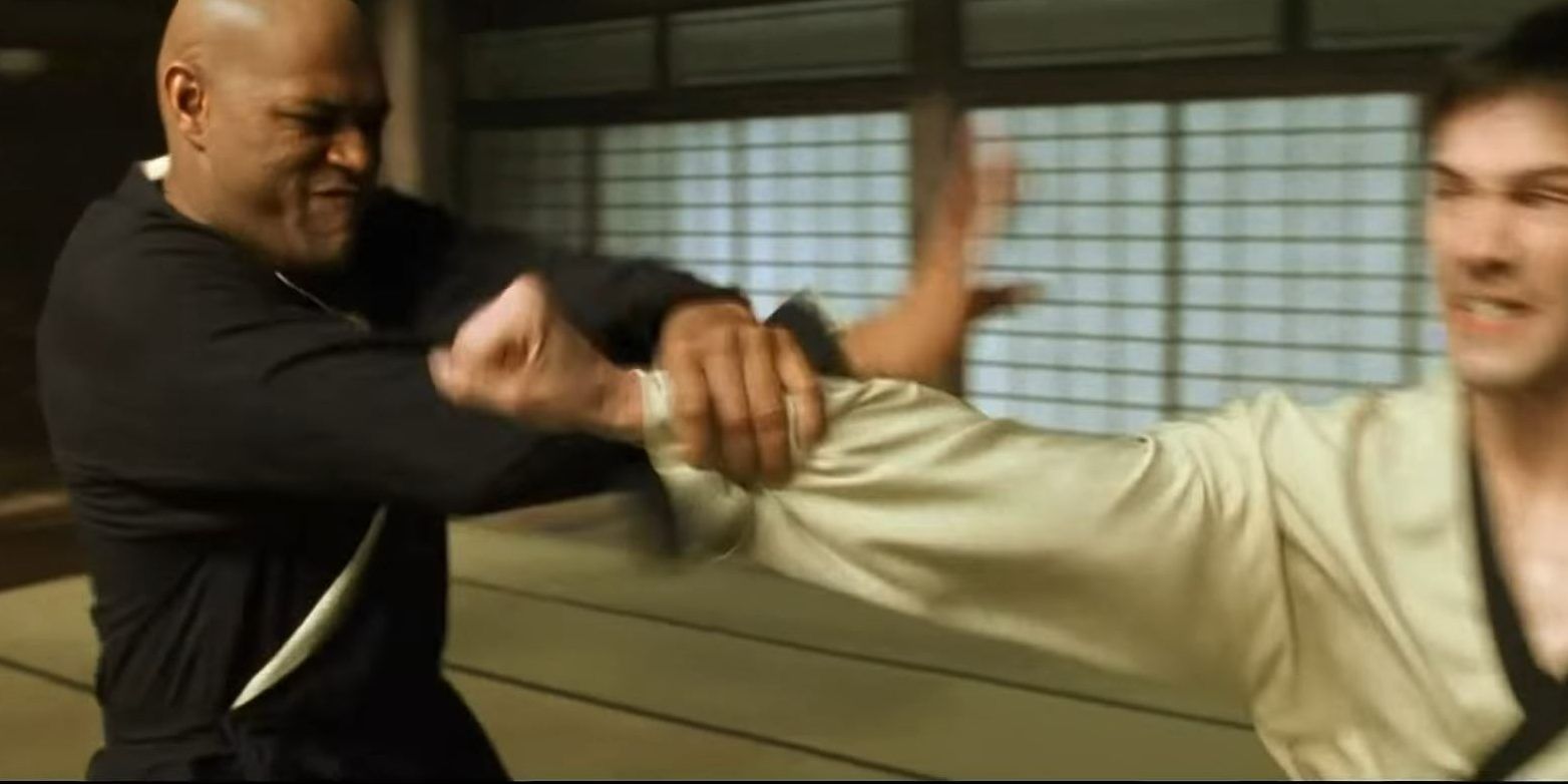Morpheus using an aikido throw in The Matrix