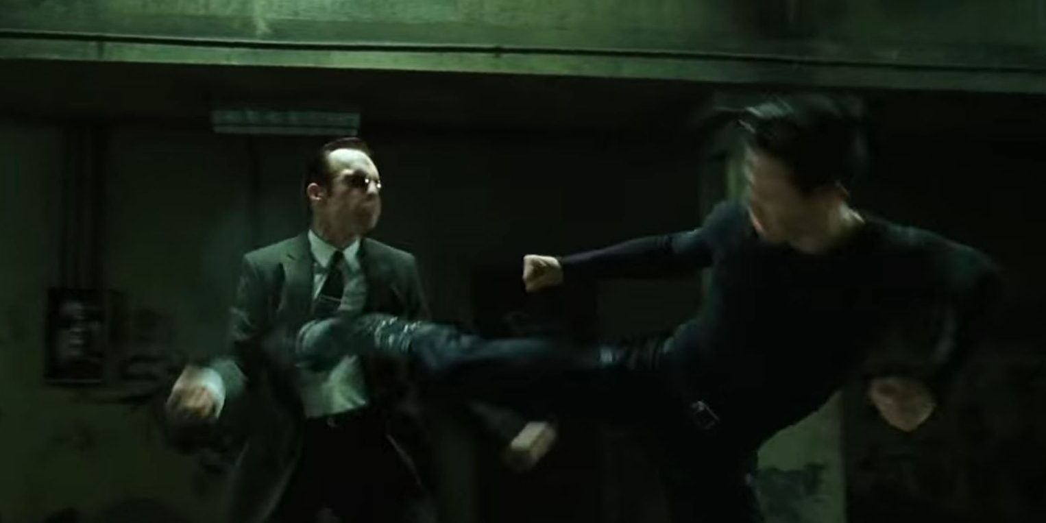 Neo using a taekwando kick agaisnt Agent Smith in The Matrix.