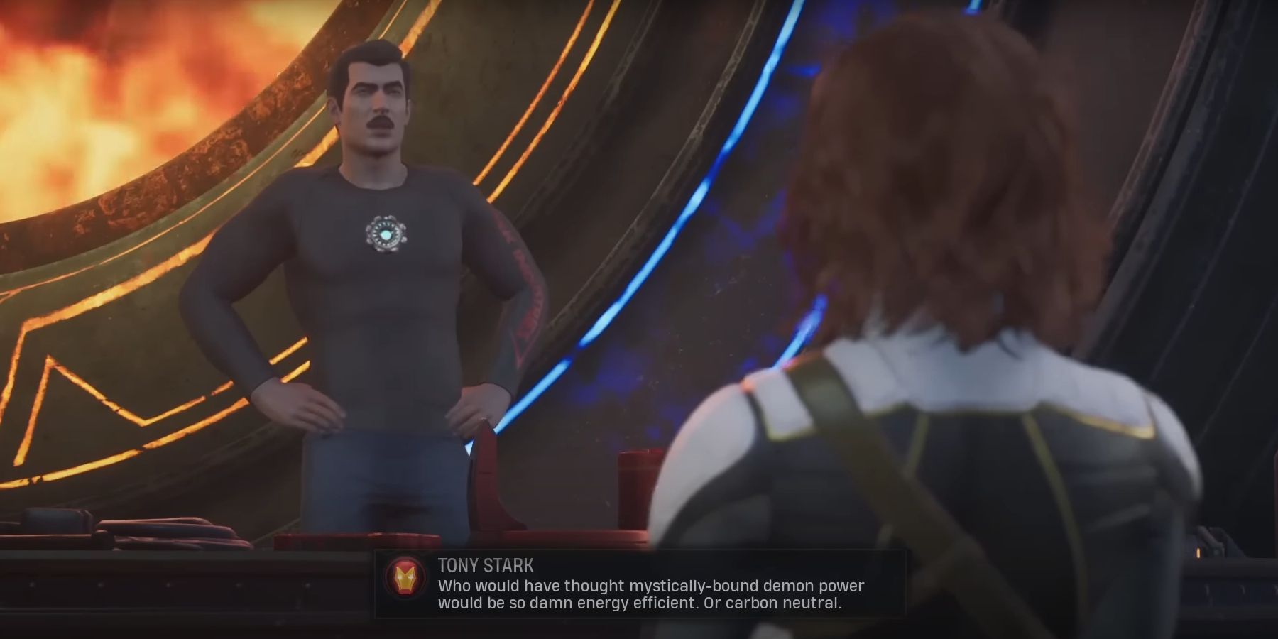 Homem de Ferro conversando com o personagem do jogador, chamado The Hunter, no videogame Marvel's Midnight Suns.
