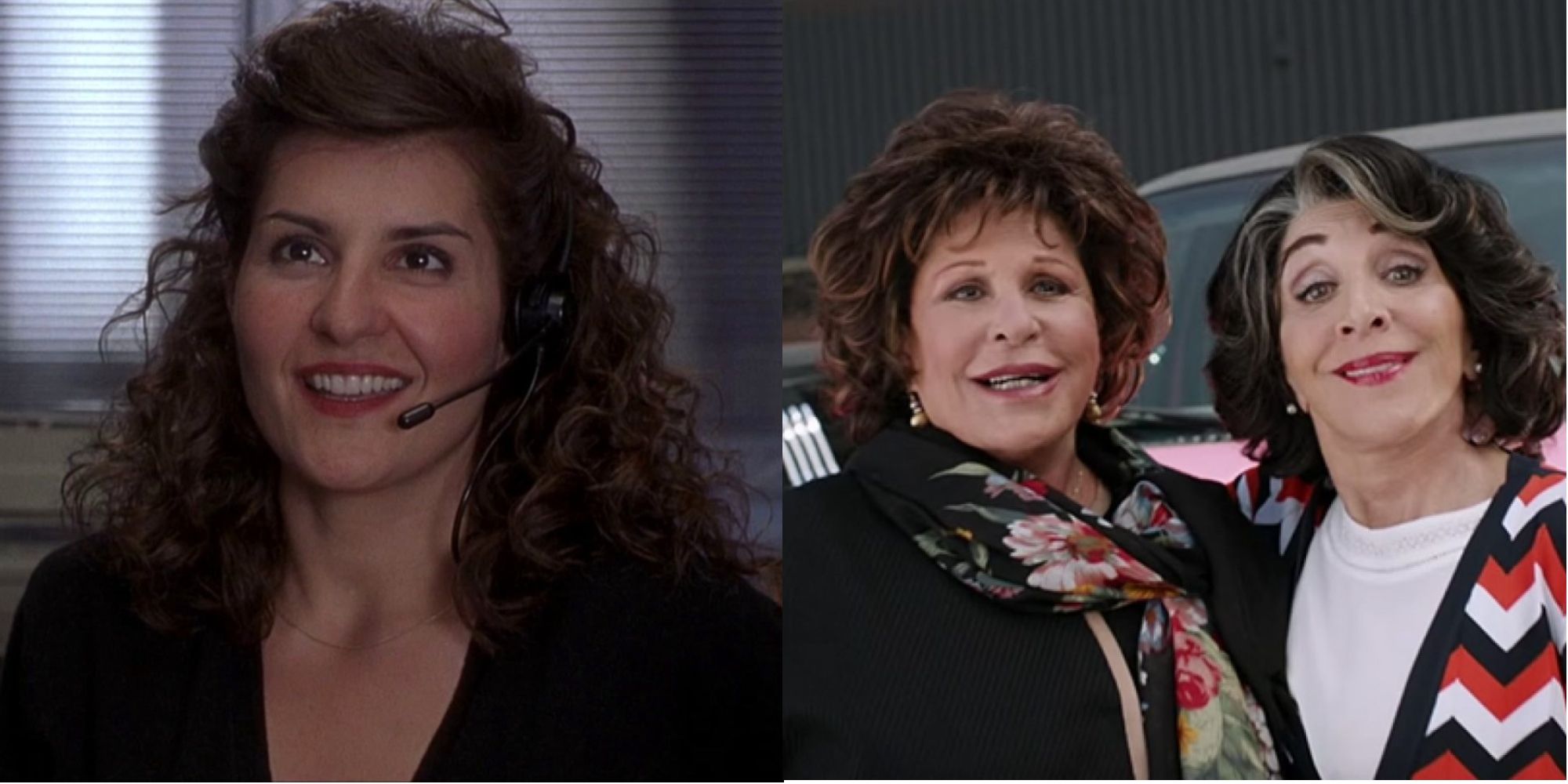 Split image of Toula, her Mom, and Aunt Voula in My Big Fat Greek Wedding films