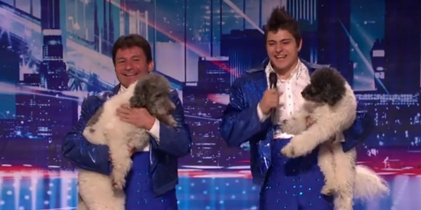 The father and son team of Olate Dogs on stage on America's Got Talent.