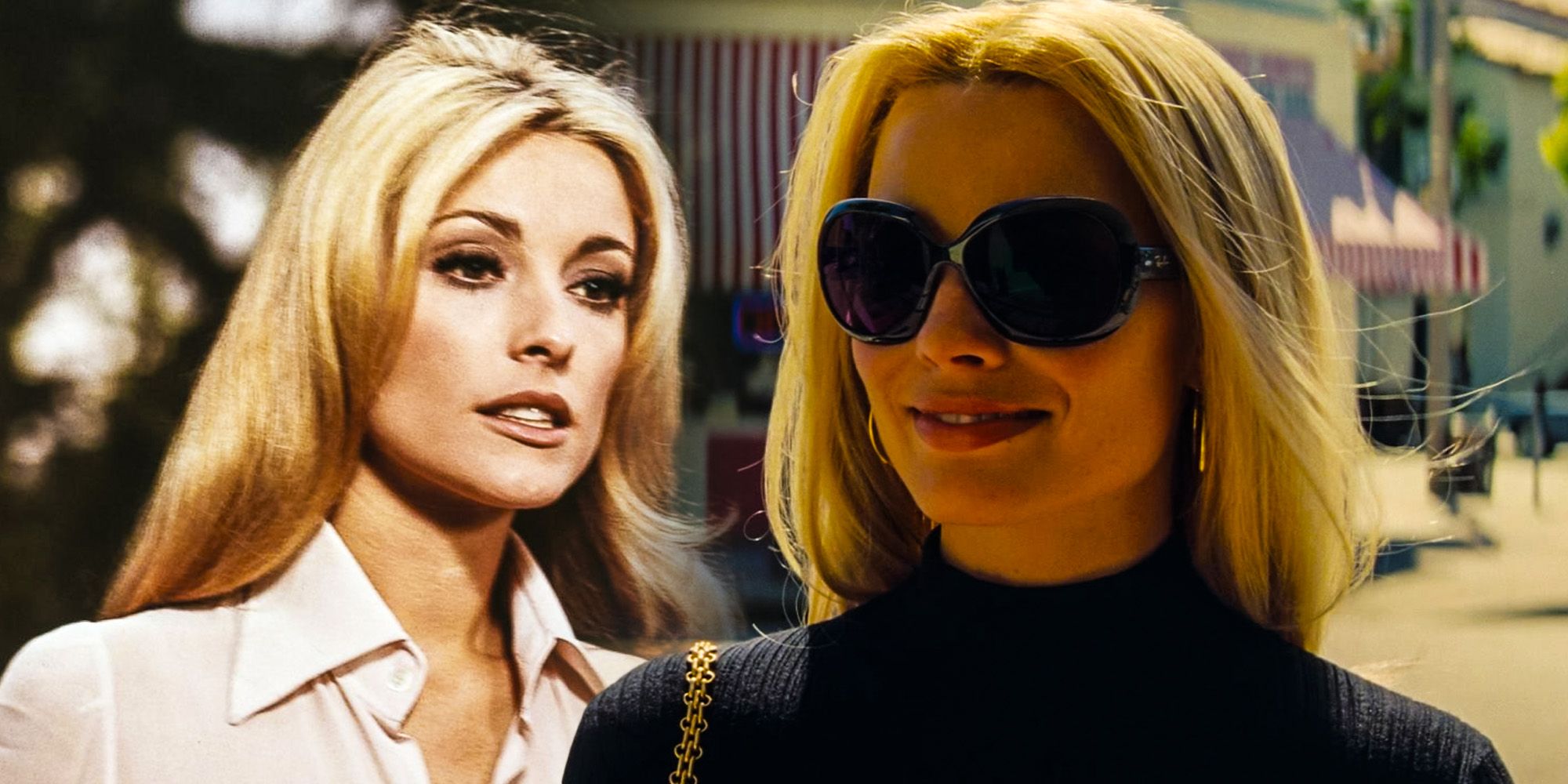 Split image of the real Sharon Tate and Margot Robbie in Once Upon a Time in Hollywood