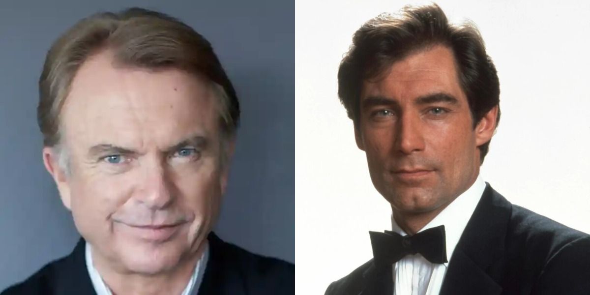 Sam Neill gives a pensive look in front of a blue background, and Timothy Dalton's James Bond smiles confidently in front of a white background.