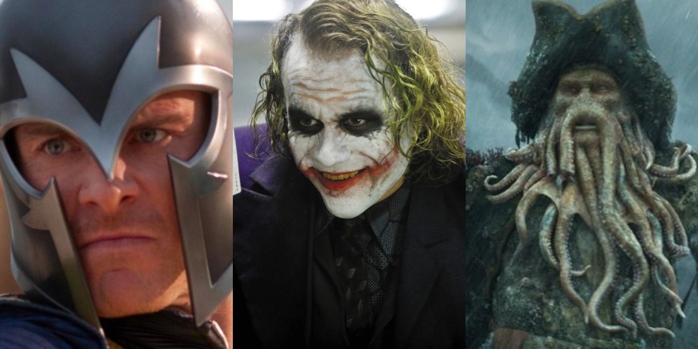 Split image of Magneto, the Joker and Davy Jones