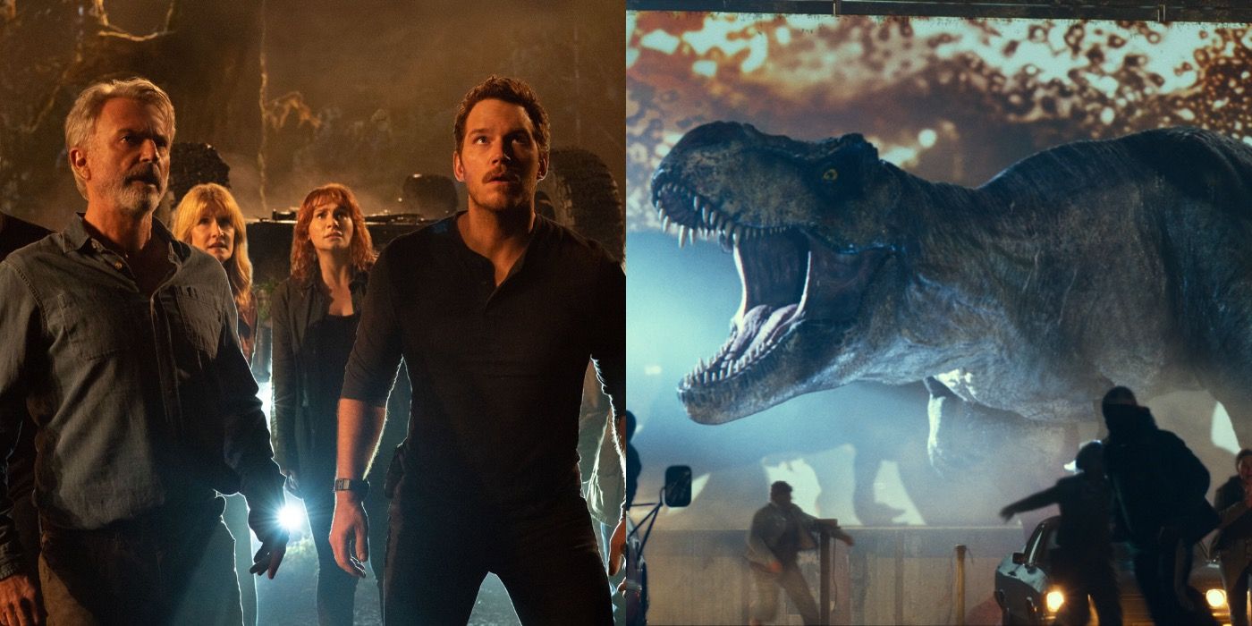 A split image of the cast of Jurassic Park standing together and the Dinosaurs