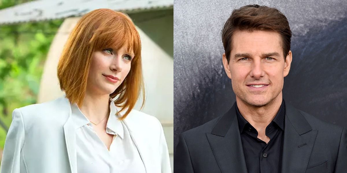 Bryce Dallas Howard as Claire Dearing looks unconvinced by Owen Grady's flirting in Jurassic World, and Tom Cruise smiles for the camera.