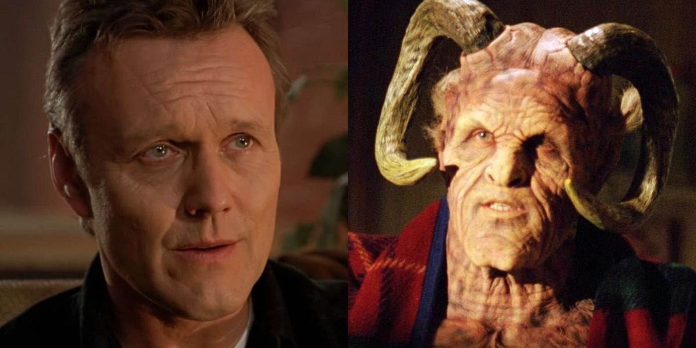 Split screen of Giles as a human and demon, Buffy the Vampire Slayer