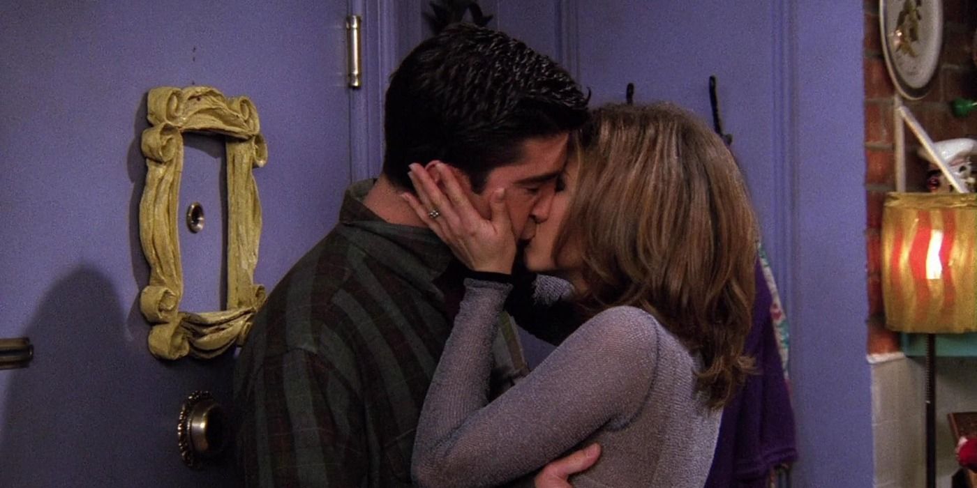 Rachel and Ross kissing in The One With The Prom Video on Friends