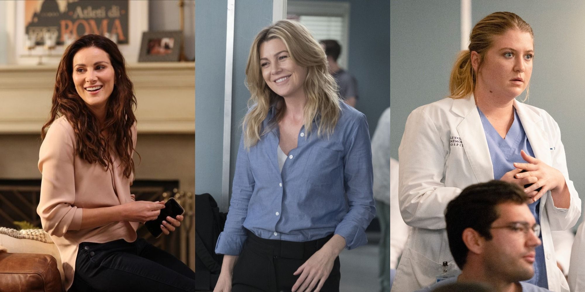 Split image featuring Meredith, Carina and Helm standing in Grey's Anatomy