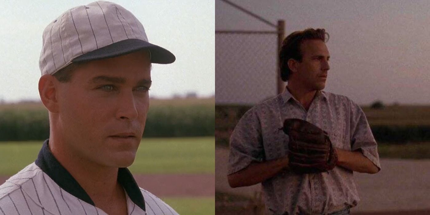 Ray Liotta as Shoeless Joe Jackson on left, Kevin Costner as Ray Kinsella on right in Field of Dreams