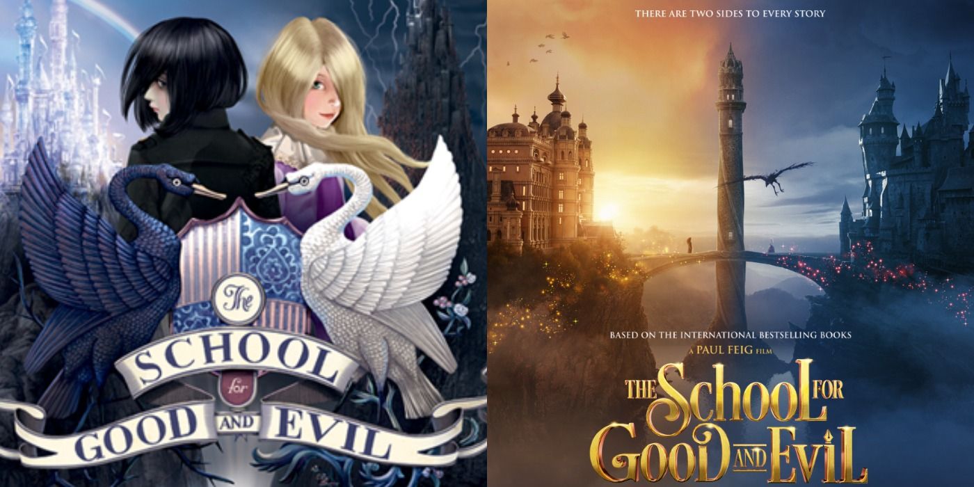 Split image of the book cover and movie poster for The School for Good and Evil