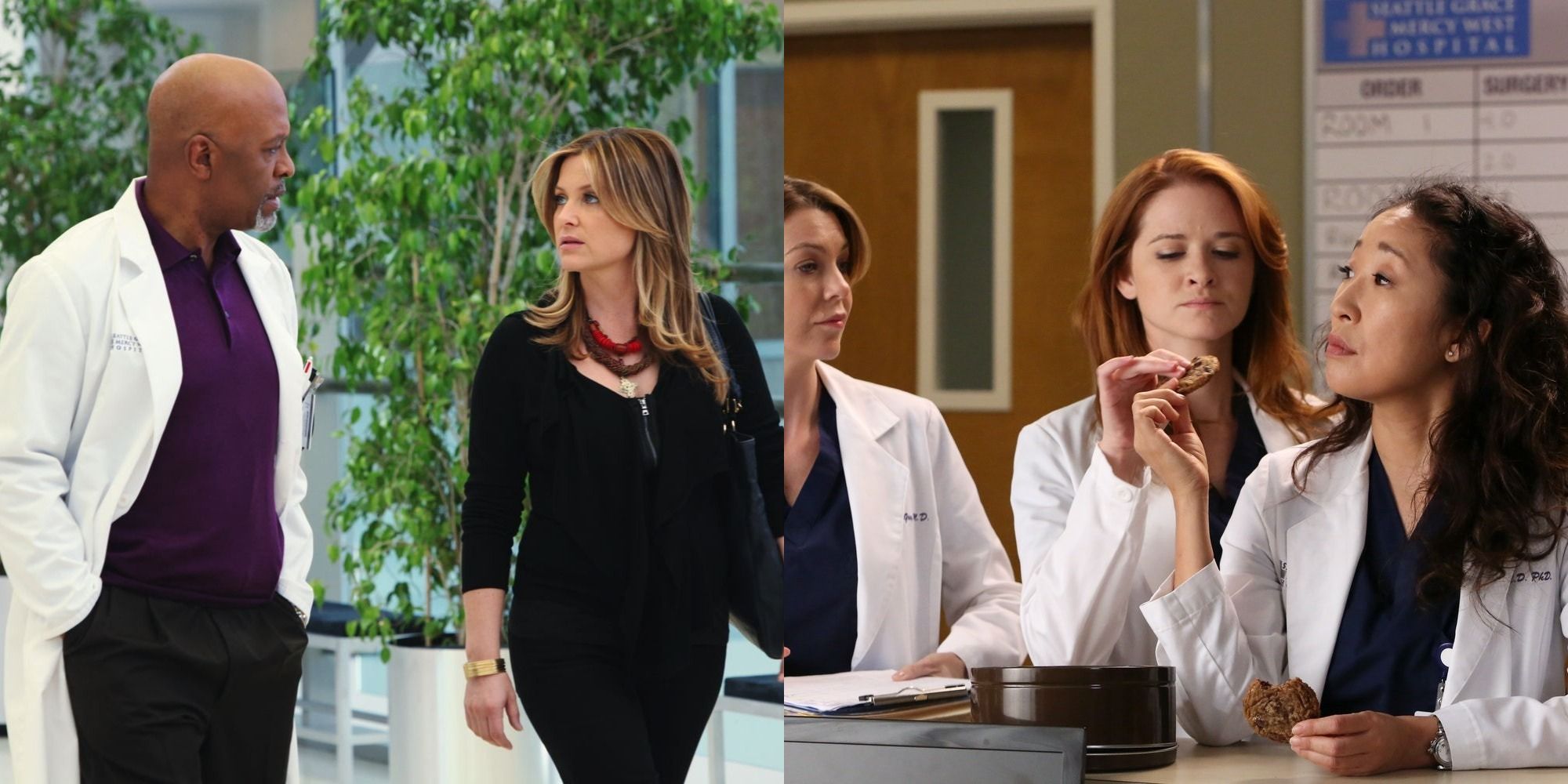 split image - richard and arizona walking in the hospital / Meredith, April and Cristina talking at a nurse's station