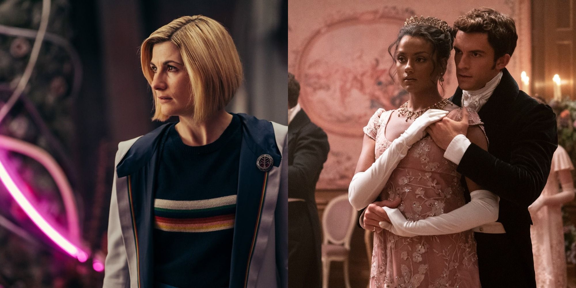 split image - 13th Doctor looking worried in a space station/Kate and Anthony being intimate with each other