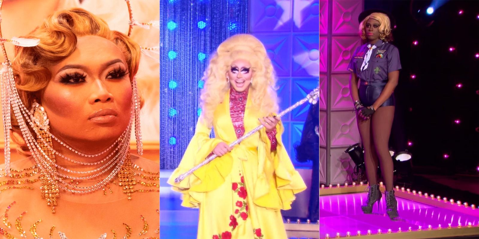 Three side by side images of Drag Race queens.