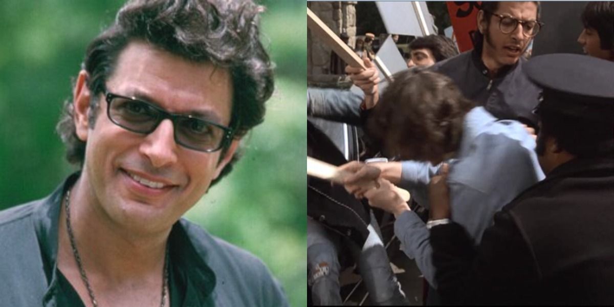 Jeff Goldblum gives a smile as Ian Malcolm in Jurassic Park, and joins the angry protestors in Columbo.