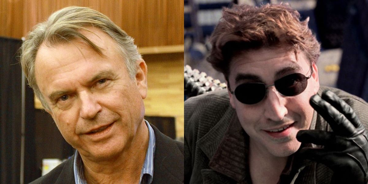 Sam Neill smiles for the camera, and Doctor Octopus glares menacingly.