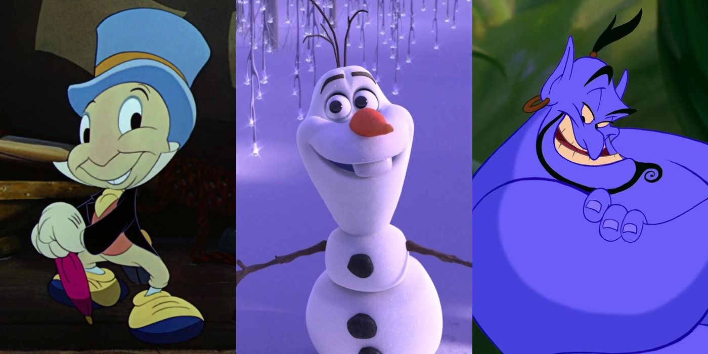 Split image of Jiminy Cricket, Olaf, and Genie - Disney Sidekicks