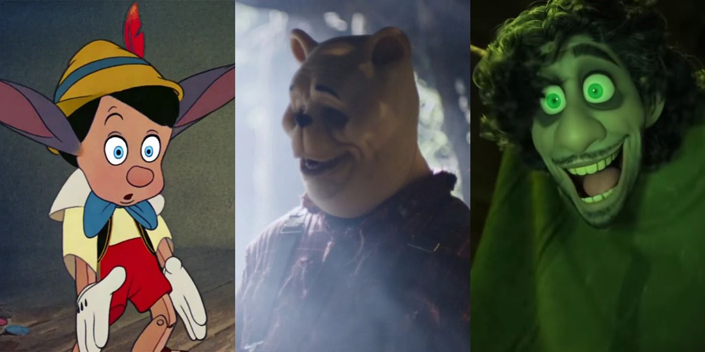 Split image of Pinocchio, Winnie the Pooh: Blood and Honey, and Bruno from Encanto