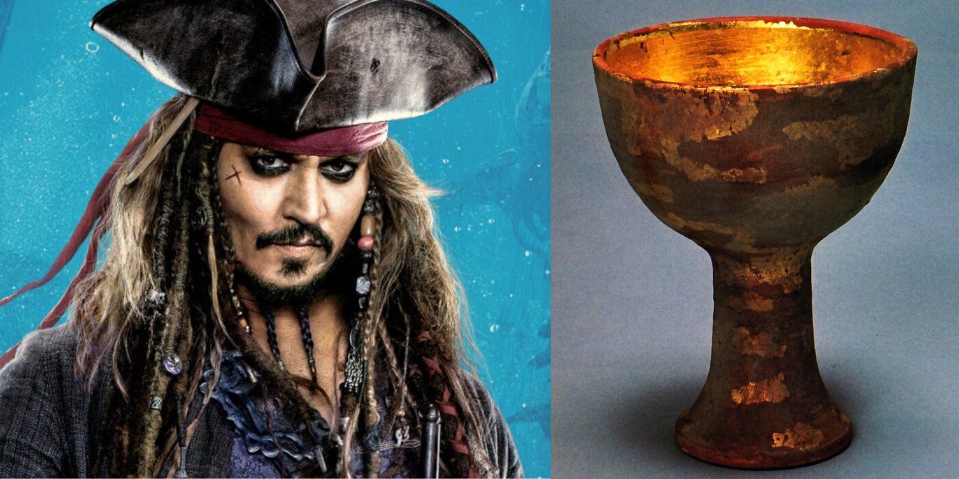 Jack Sparrow is looking determined in front of a blue background, and next to the Holy Grail from Indiana Jones.