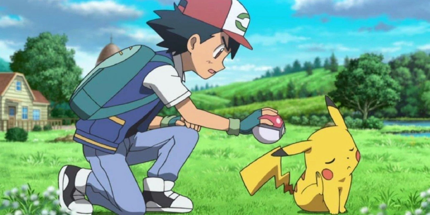 Ash bends towards Pikachu, Pokeball in hand while pikachu turns away and scratches himself, ignoring Ash