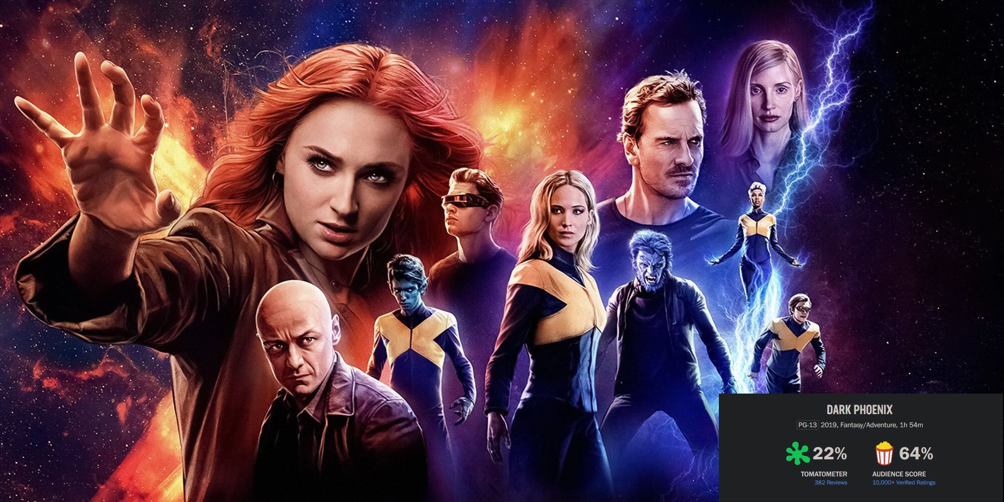 poster for the film X Men Dark Phoenix featuring the cast including Sophie Turner James McAvoy
