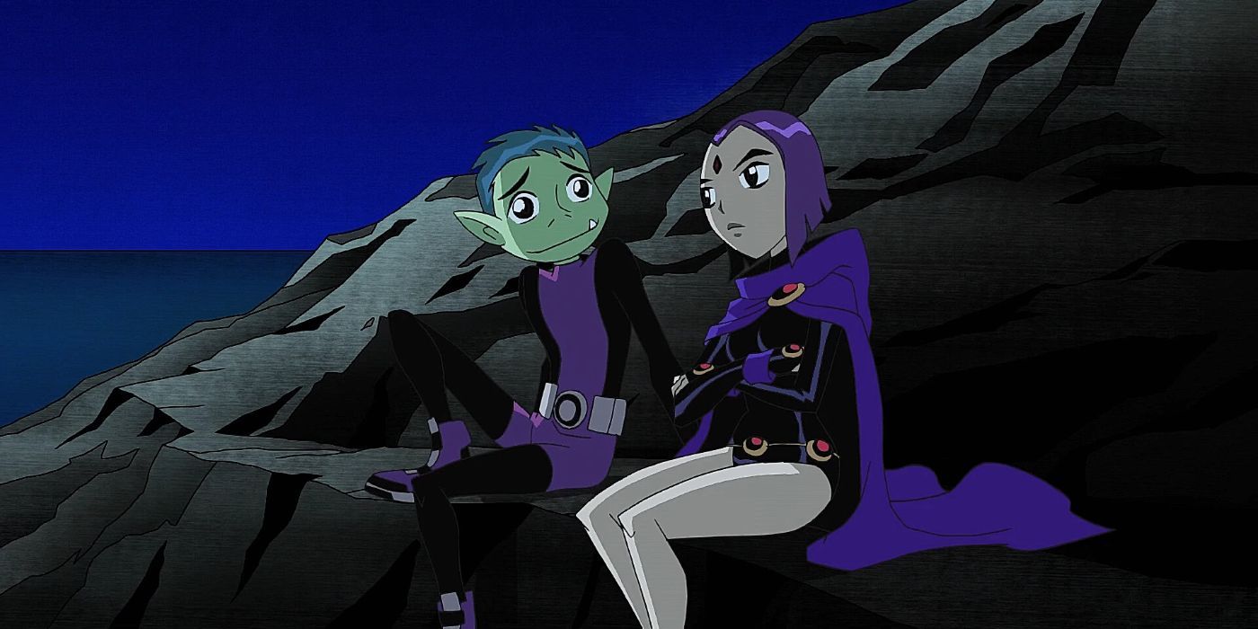 Raven and Beast Boy sat together on rocks