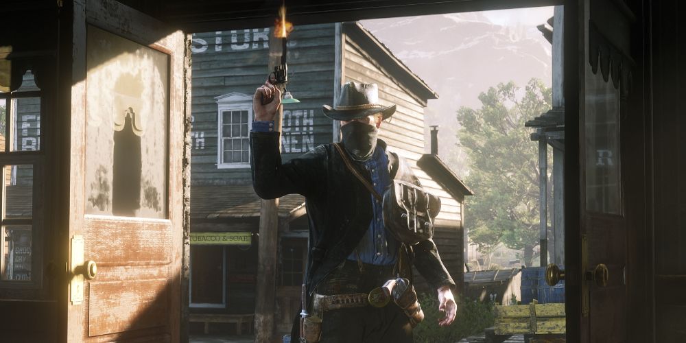 Arthur fires a gun upwards in a saloon in Red Dead Redemption 2