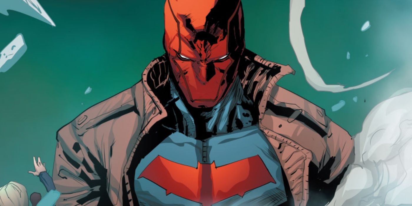 Red Hood surrounded by smoke in DC Comics.