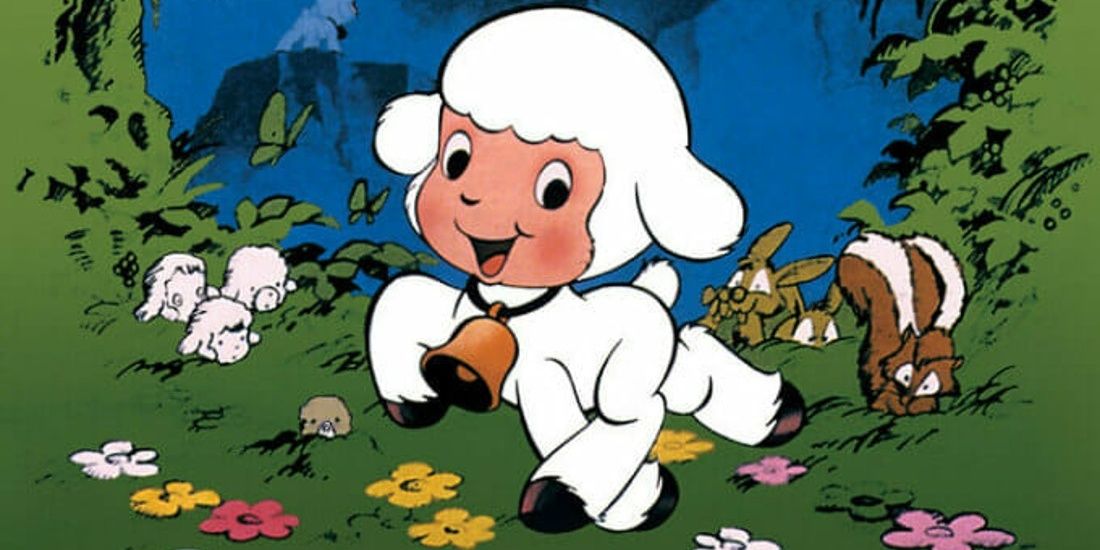 Chirin skipping happily in a field of flowers in the poster for Ringing Bell.