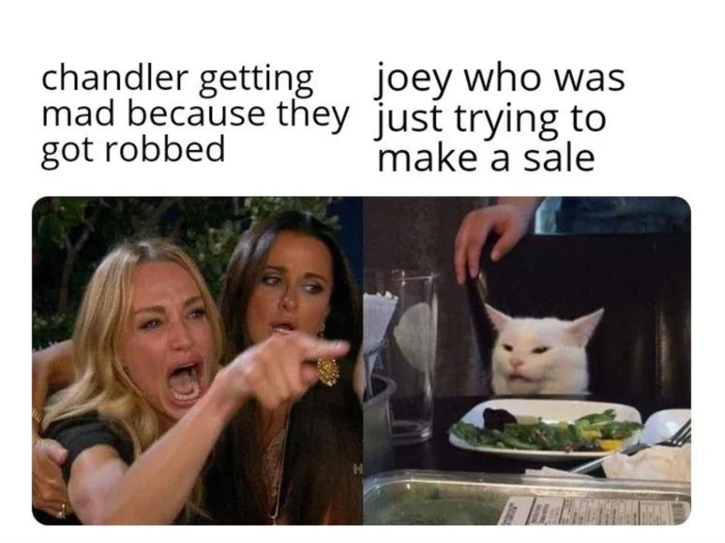 Meme about the episode when Chandler and Joey get robbed. 